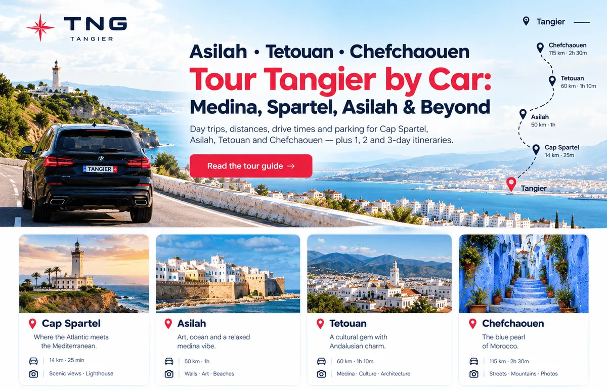 Tour Tangier by Car: Medina, Spartel, Asilah and Beyond, day trips, distances, drive times and parking for Cap Spartel, Asilah, Tetouan and Chefchaouen